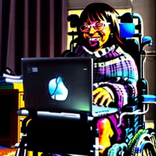 A disabled person smiling while looking at a laptop, with a hopeful expression on their face.